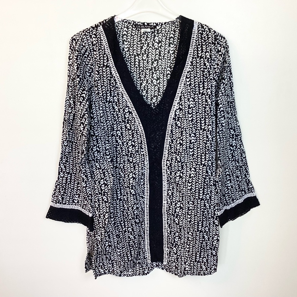 La Blanca Long Sleeve Crochet Detail Printed Swim Coverup Tunic - S